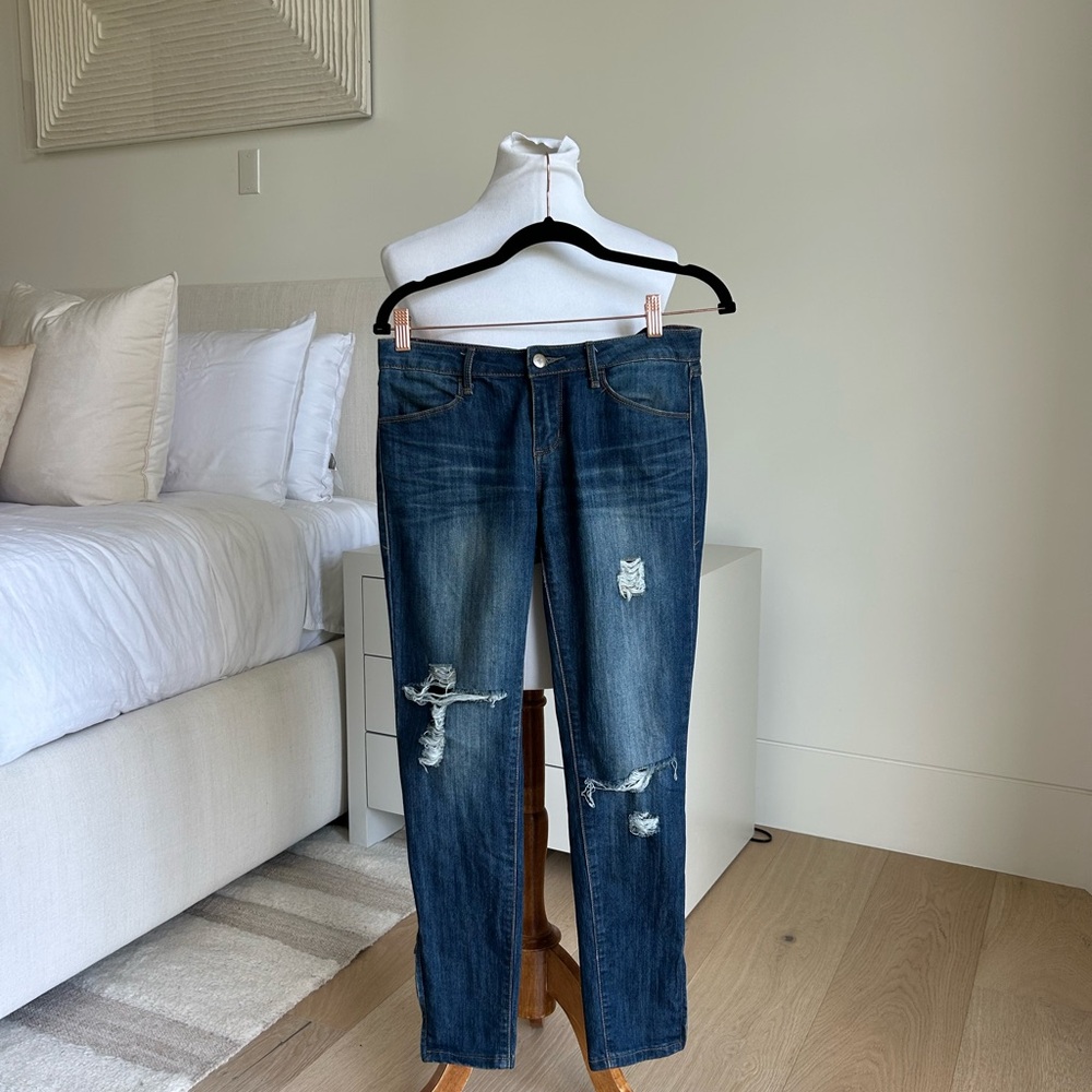 Forever 21 Blue Straight Leg Jeans with Distressed Details